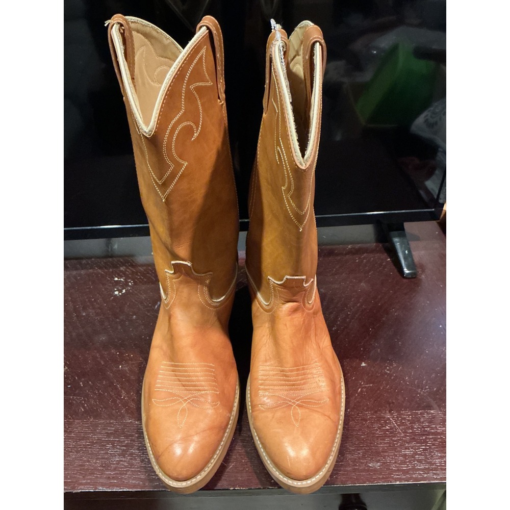 Dingo Tan Leather Western Cowboy Boots Almond Toe Stacked Heel Mens - Picture 1 of 6